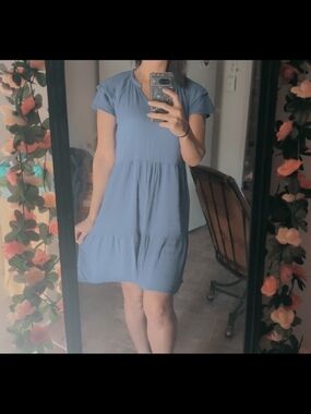 Casual Short Sleeve Tiered Blue Dress